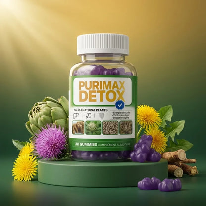 Pot de PURIMAX DETOX entouré des plantes et de gummies
