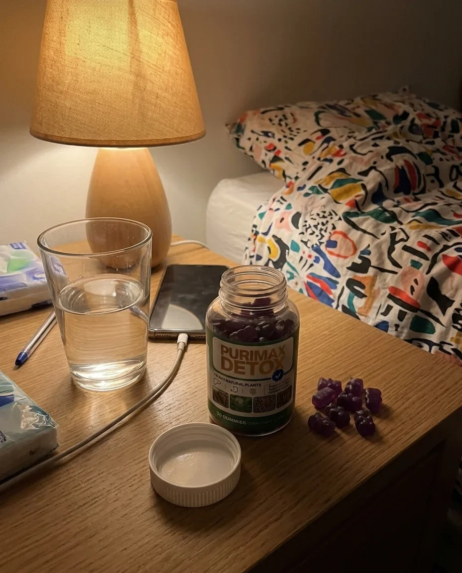 Purimax Detox sur une table de chevet